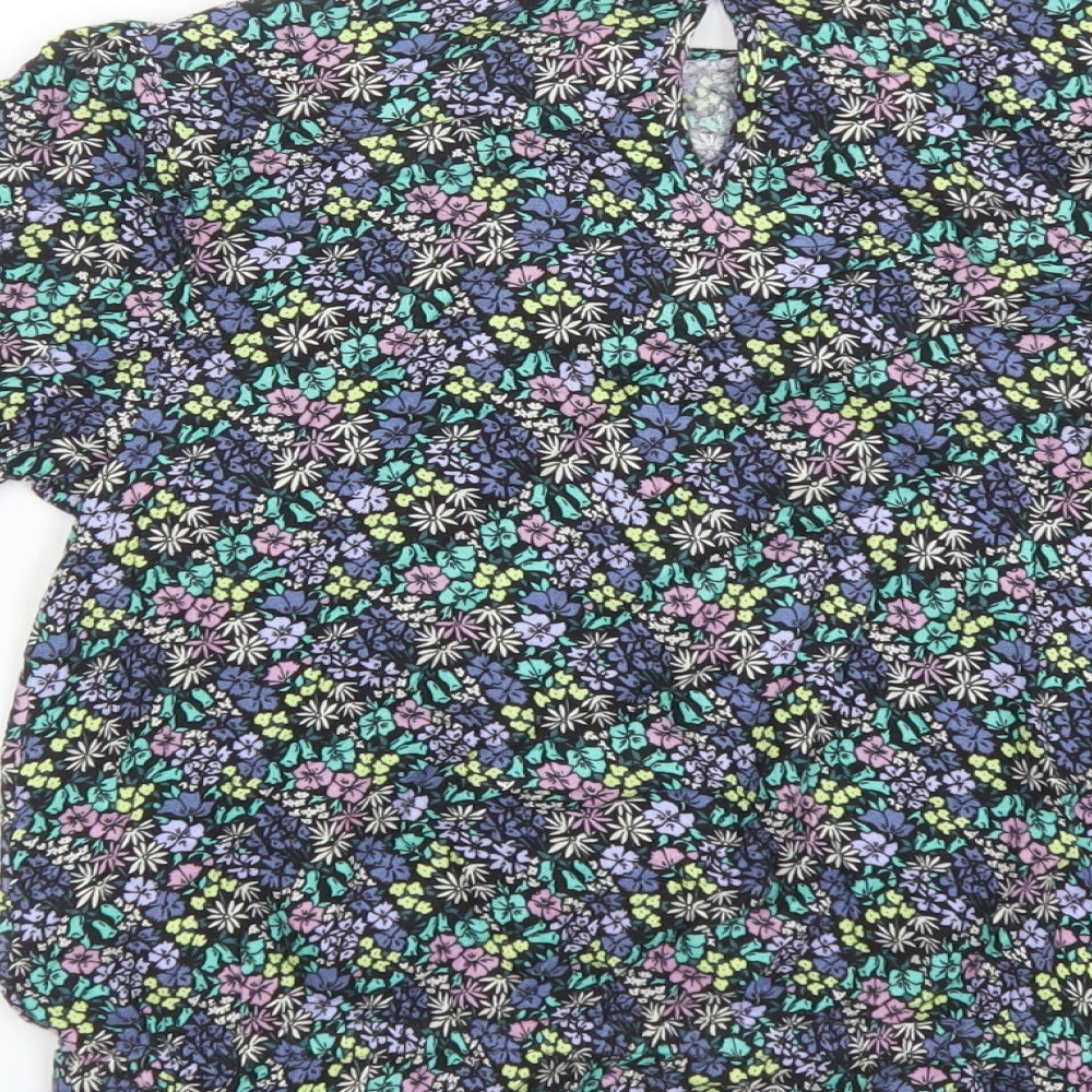 Marks & Spencer Girls Black Floral Viscose Basic Blouse Size 12-13 Years Round Neck Button