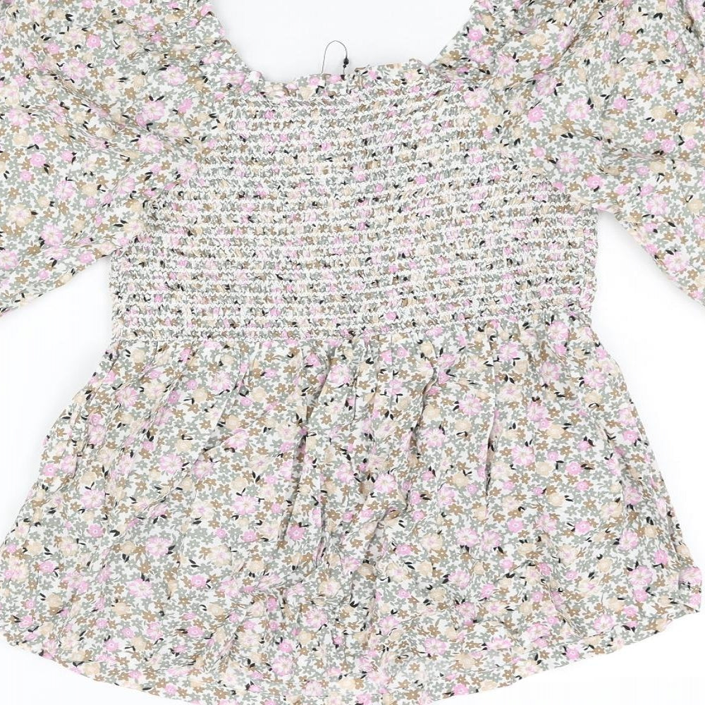Marks & Spencer Womens Multicoloured Floral Cotton Basic Blouse Size 6 Scoop Neck - Rouched