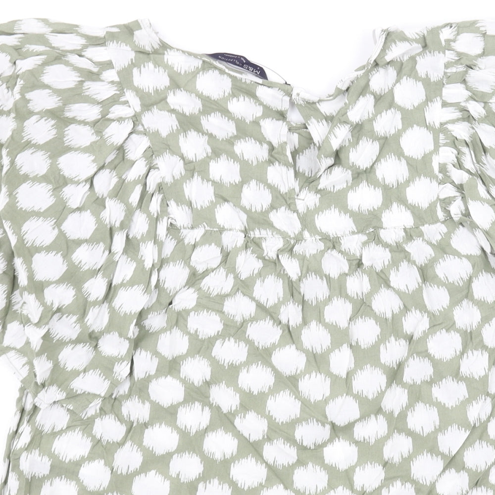 Marks & Spencer Womens Green Geometric Cotton Basic Blouse Size 6 Round Neck - Frill