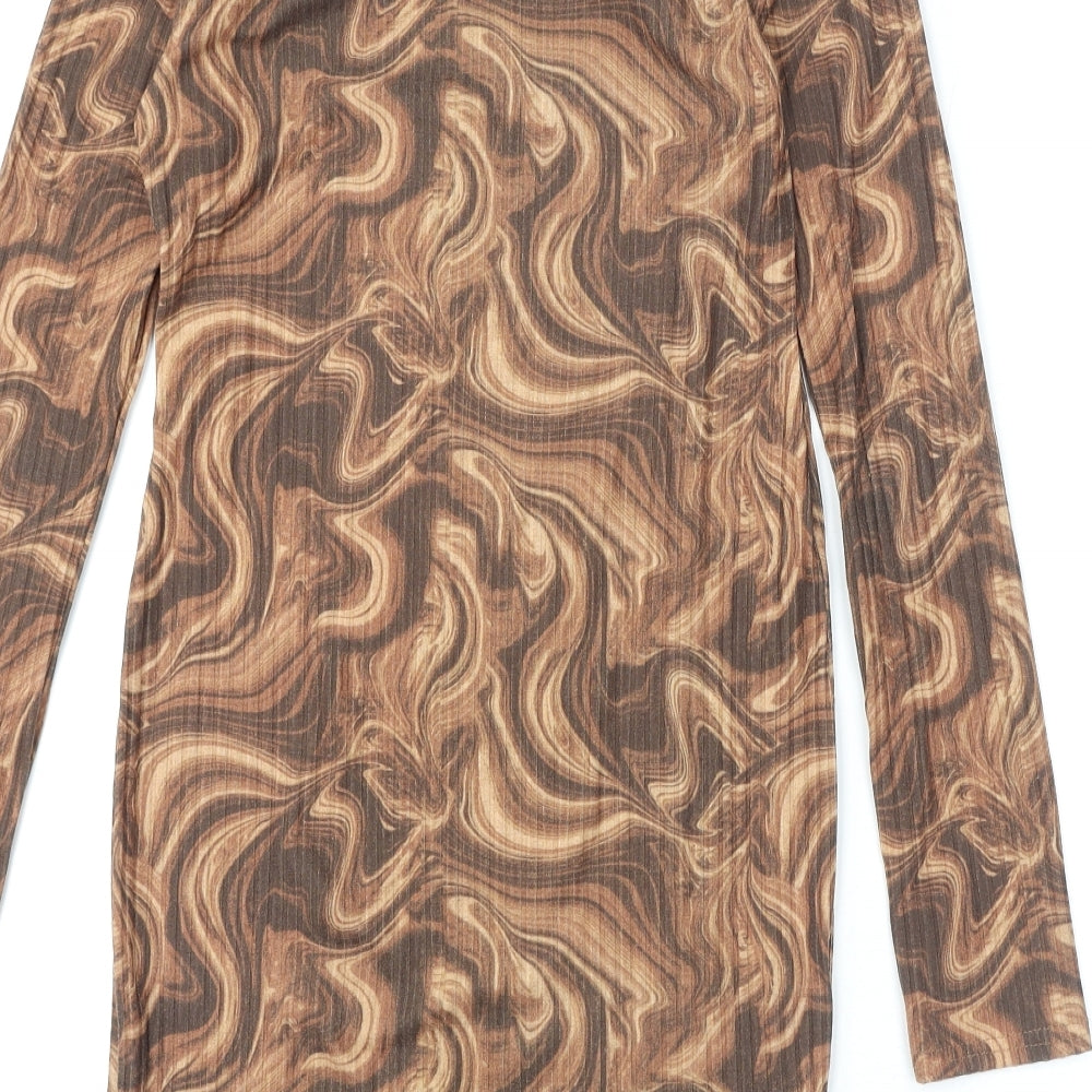 MODE-LL Womens Brown Geometric Polyester Bodycon Size 12 Round Neck Pullover - Swirl Pattern