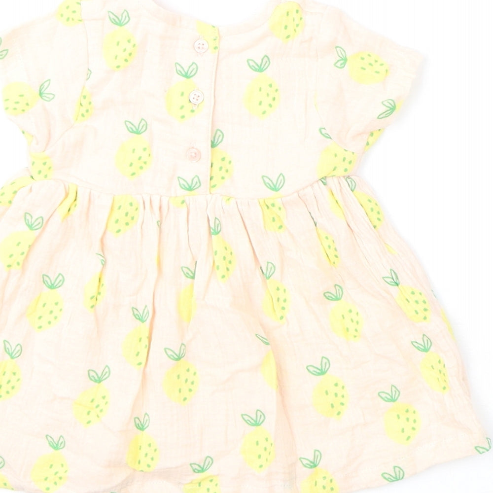 Marks & Spencer Girls Pink Geometric Cotton A-Line Size 3-6 Months Round Neck Button - Lemons