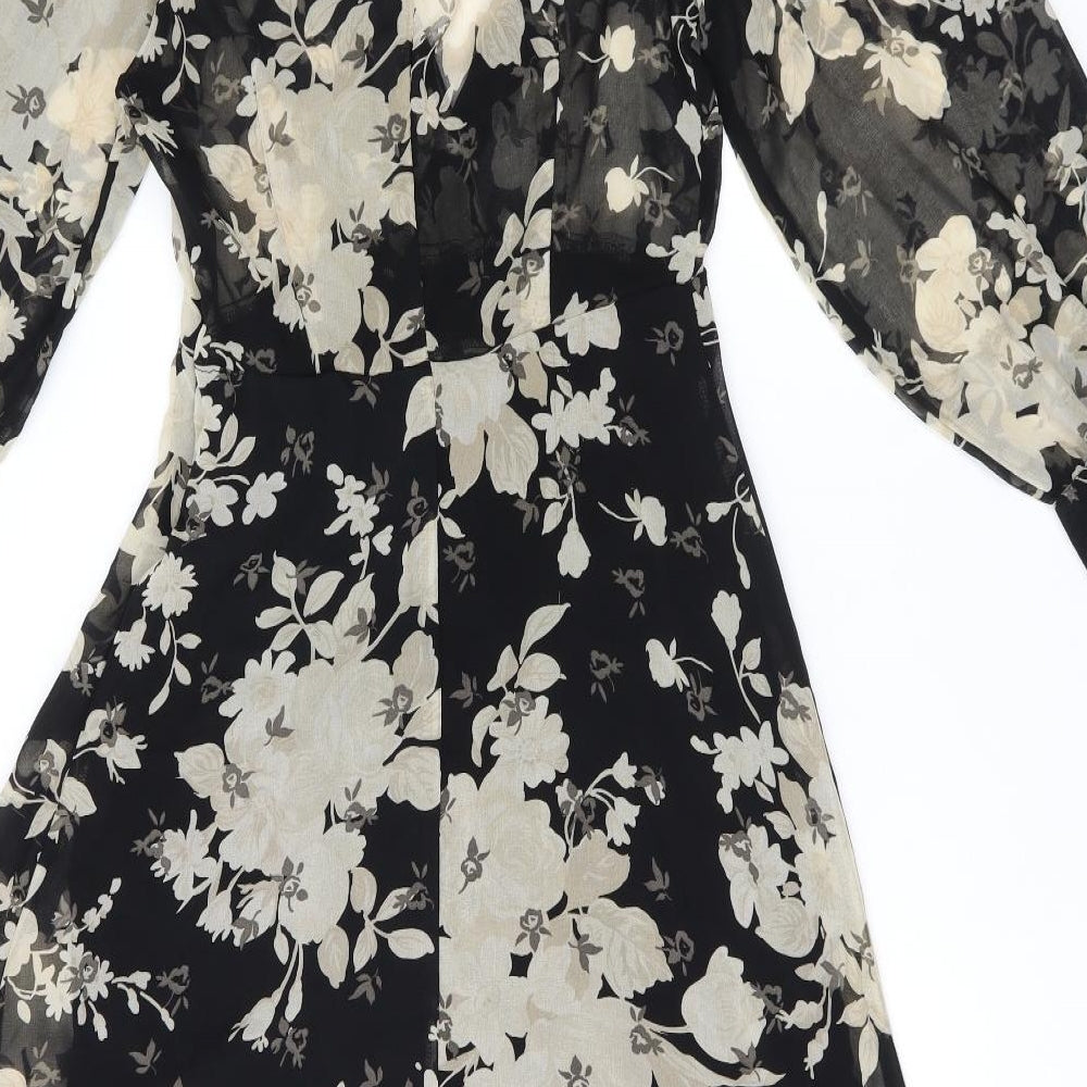 Zara Womens Black Floral Polyester A-Line Size XS V-Neck Zip