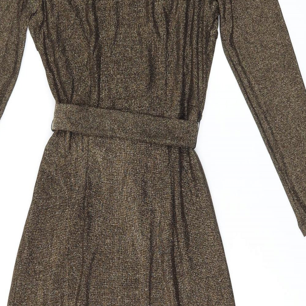 Marks & Spencer Womens Gold Polyamide A-Line Size 10 V-Neck Pullover - Belted