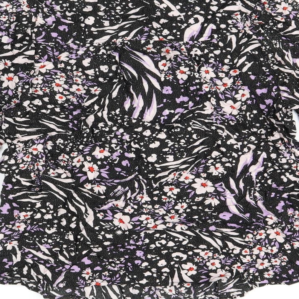 Marks & Spencer Womens Black Floral Viscose Basic T-Shirt Size 8 Round Neck