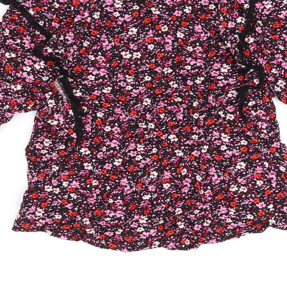 Marks & Spencer Womens Black Floral Viscose Basic T-Shirt Size 6 V-Neck