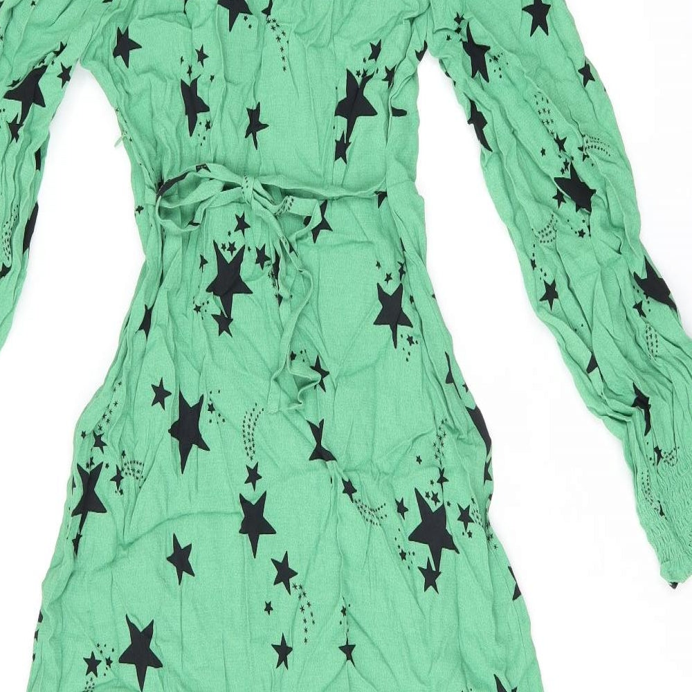 Marks & Spencer Womens Green Geometric Viscose A-Line Size 6 V-Neck Zip - Star Print