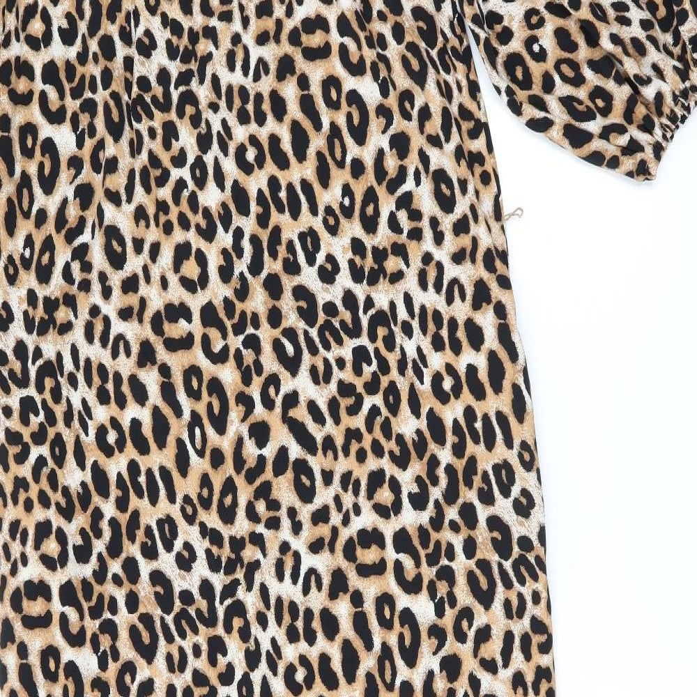 Marks & Spencer Womens Brown Animal Print Polyester Shirt Dress Size 6 Collared Button