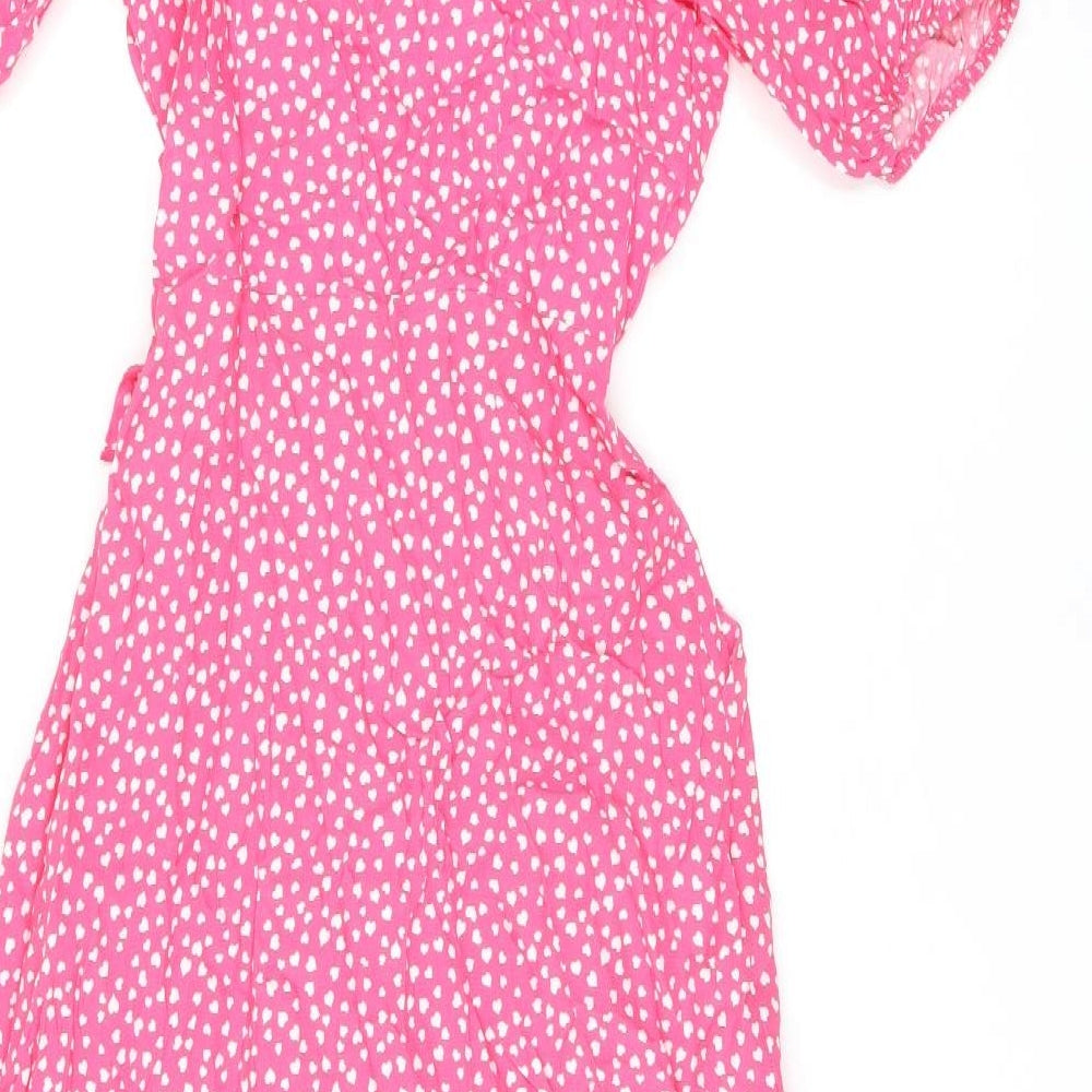 Marks & Spencer Womens Pink Geometric Viscose Wrap Dress Size 6 V-Neck Tie