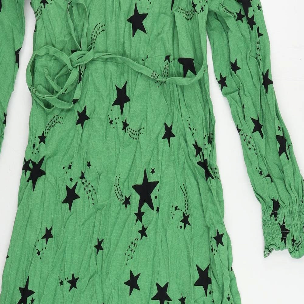 Marks & Spencer Womens Green Geometric Viscose A-Line Size 10 V-Neck Zip - Star Print