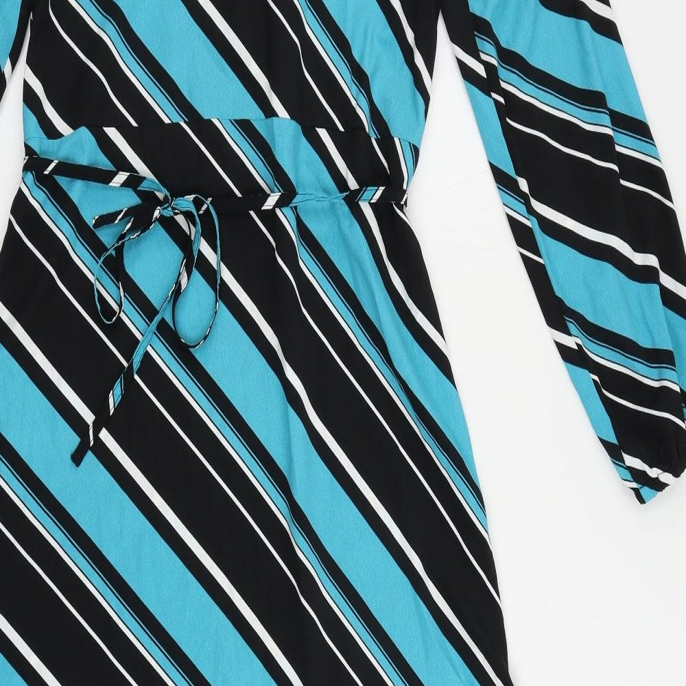Marks & Spencer Womens Blue Striped Polyester A-Line Size 10 Mock Neck Button
