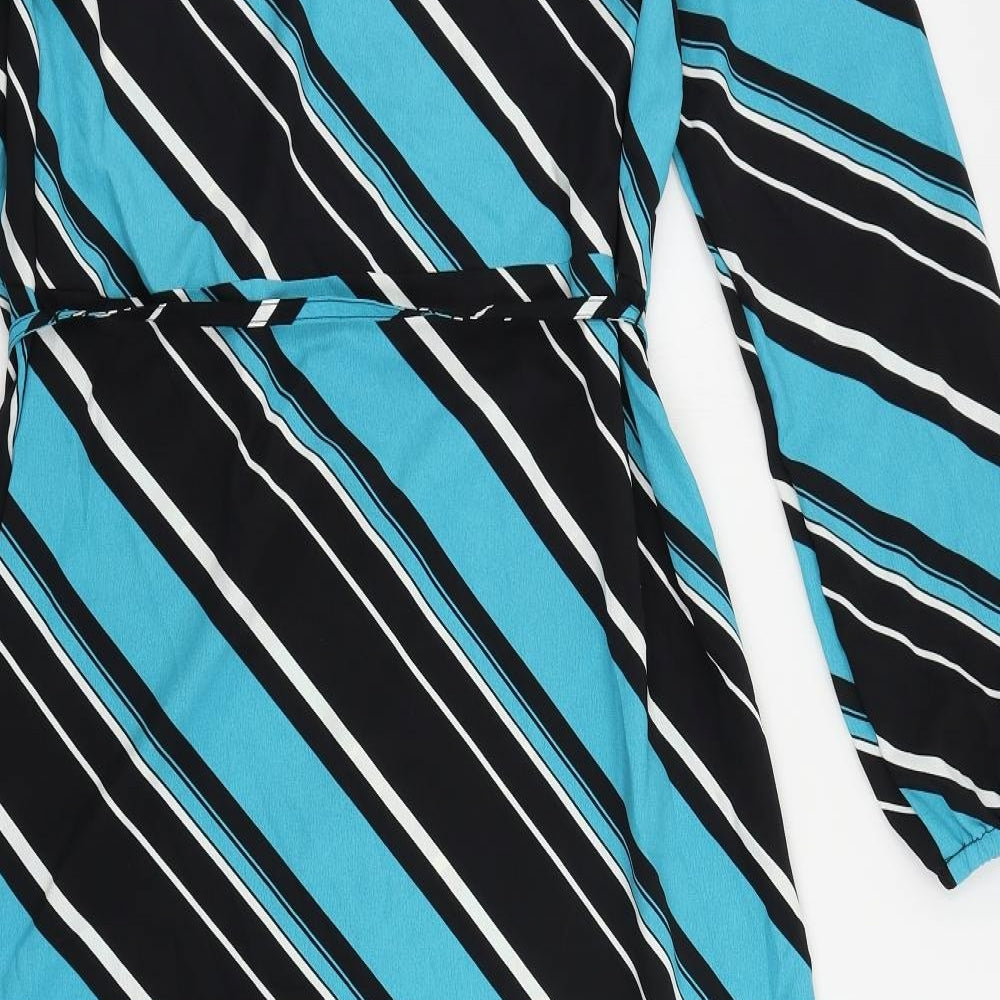 Marks & Spencer Womens Blue Striped Polyester A-Line Size 10 Mock Neck Button