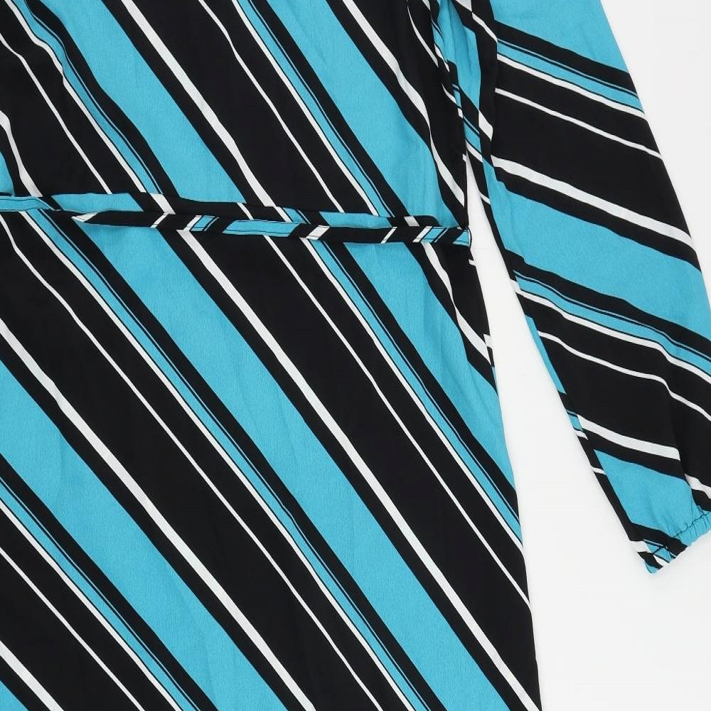 Marks & Spencer Womens Blue Striped Polyester A-Line Size 10 Mock Neck Button