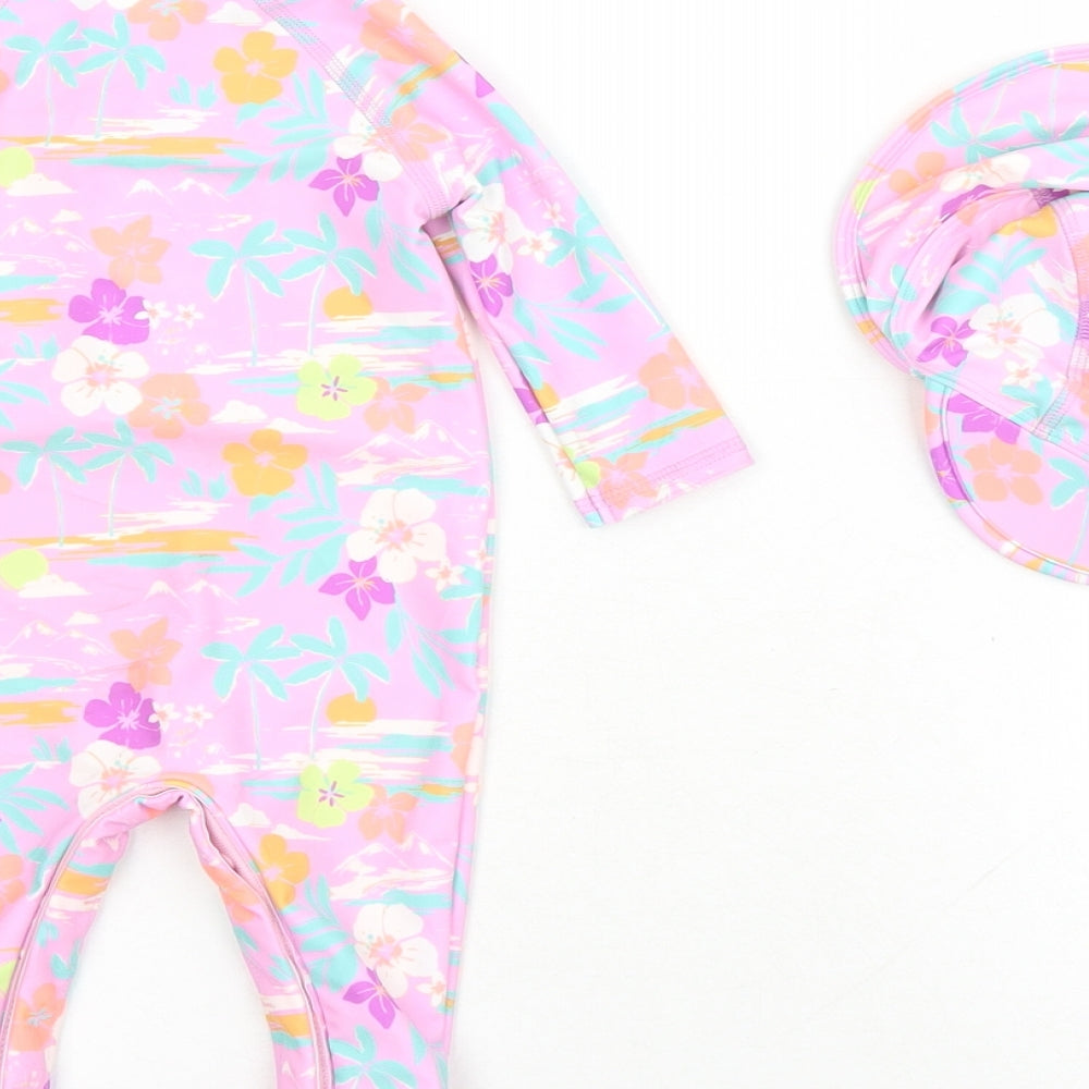 Marks & Spencer Girls Purple Floral Polyester Bodysuit Outfit/Set Size 0-3 Months Zip - Swim Suit Hat Included