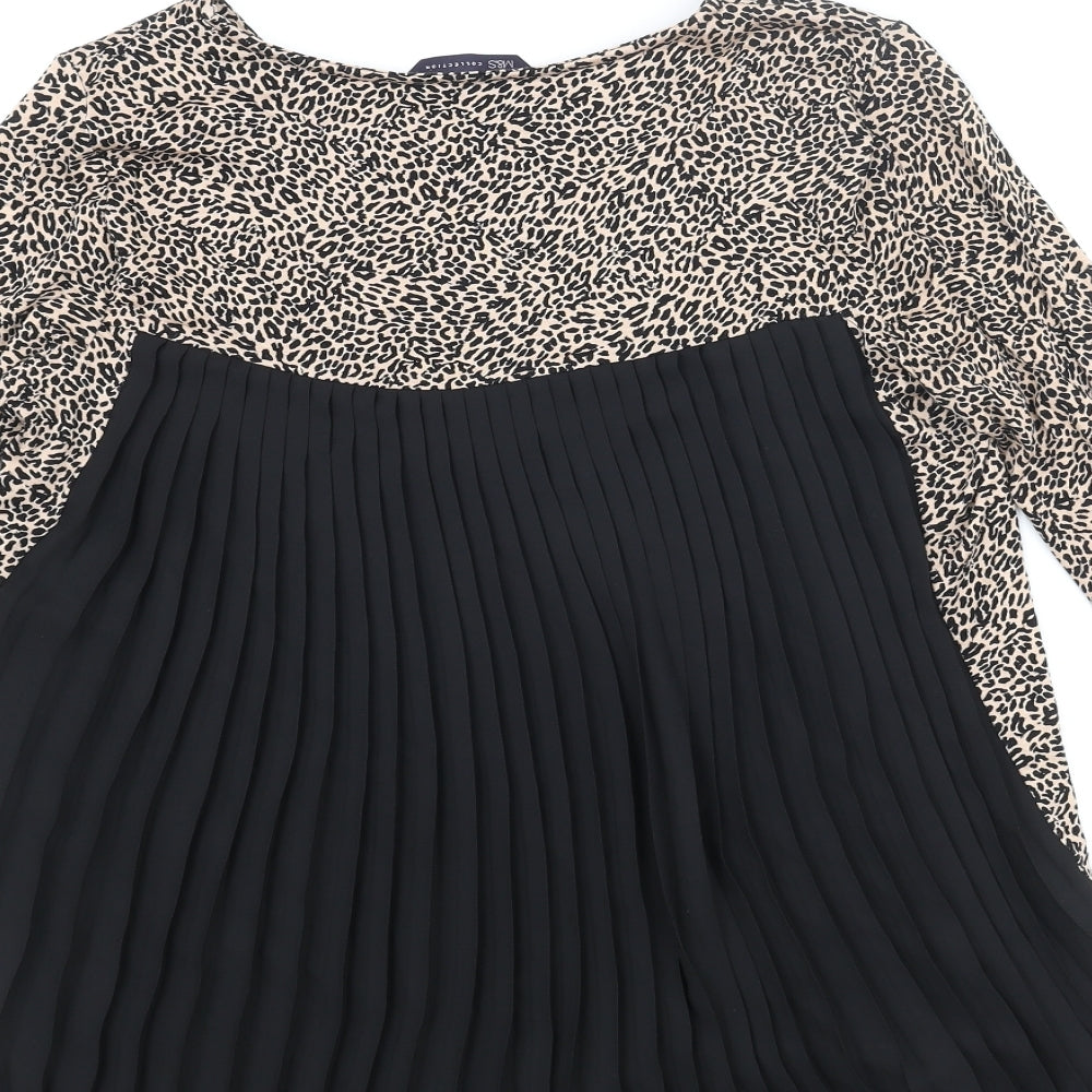 Marks & Spencer Womens Beige Viscose Basic Blouse Size 8 Round Neck - Leopard Print Pleated