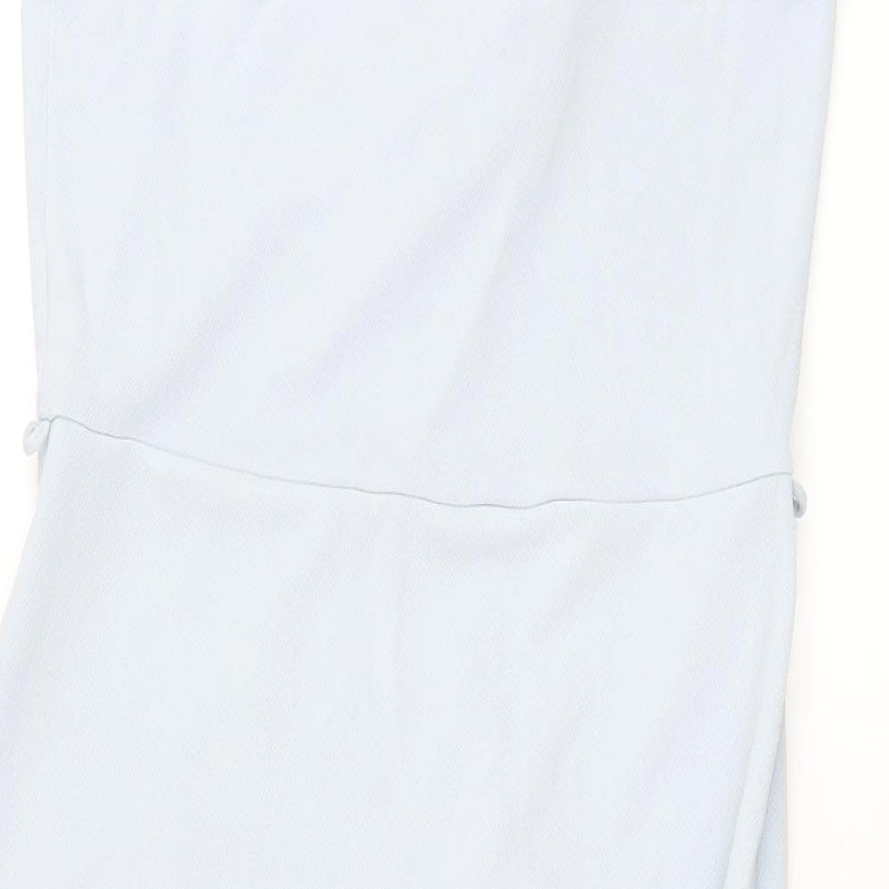 Brand and care label for Miss Selfridge women’s blue polyester shift, size UK 14, collared pullover - wrap style
