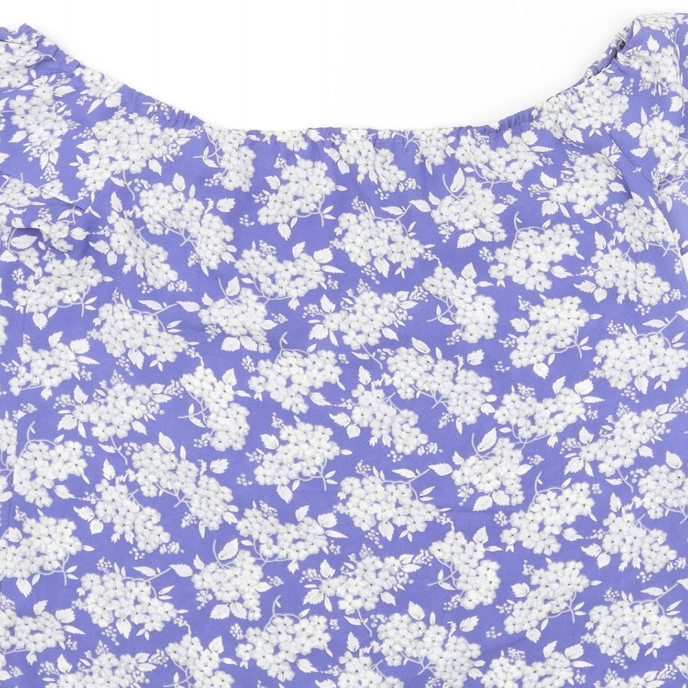 Oasis Womens Blue Floral Polyester Basic Blouse Size 10 Boat Neck - Frill