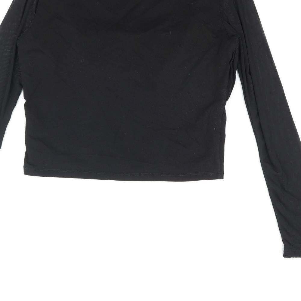 ASOS Womens Black Cotton Basic Blouse Size 12 Scoop Neck - Rouched Mesh Sleeve