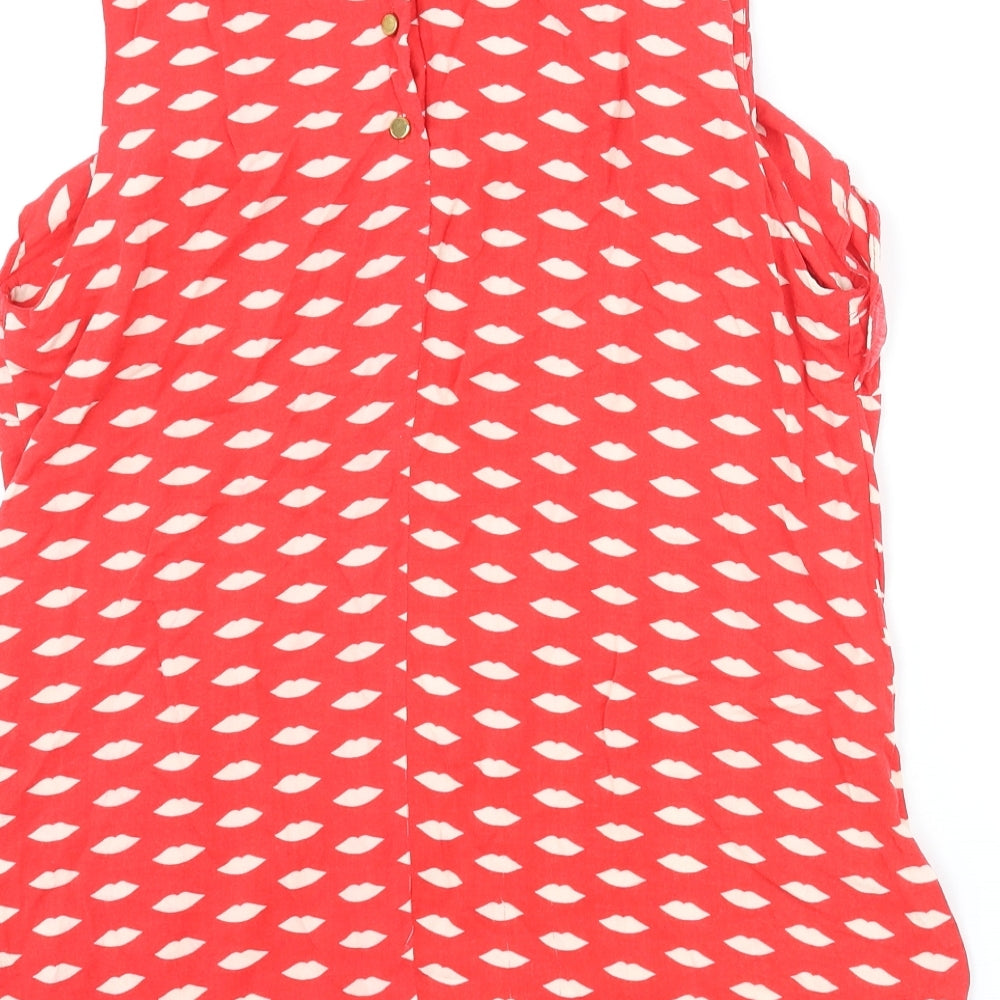 Oasis Womens Red Geometric Viscose Basic Blouse Size 12 Round Neck - Lips Print Frill