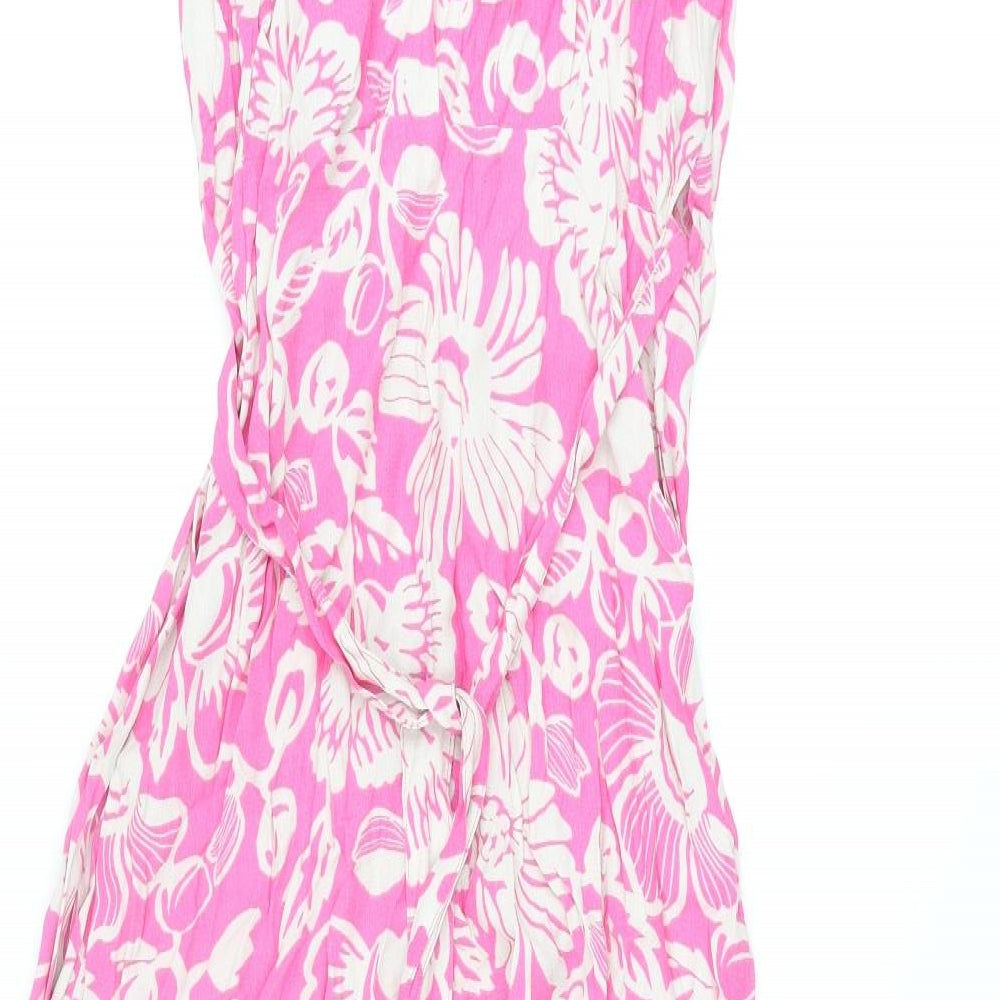 Marks & Spencer Womens Pink Floral Viscose Wrap Dress Size 6 V-Neck Tie