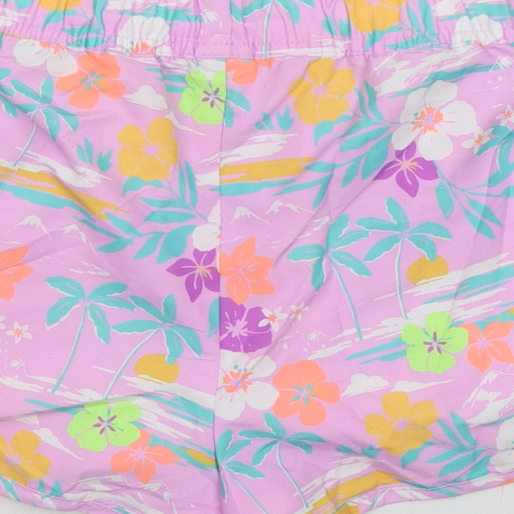Marks & Spencer Girls Purple Floral 100% Polyester Bermuda Shorts Size 12-13 Years Regular Drawstring - Inside Leg 1.5in