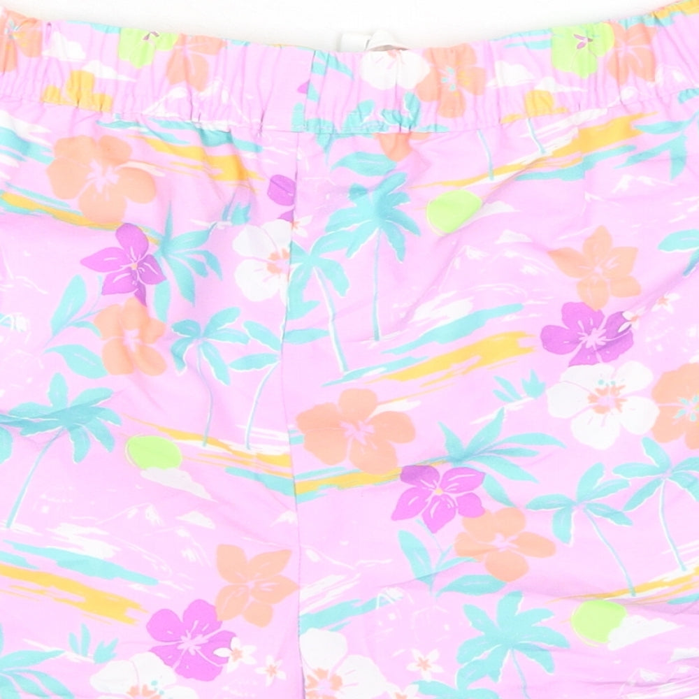 Marks & Spencer Girls Purple Floral 100% Polyester Bermuda Shorts Size 13-14 Years Regular Drawstring - Inside Leg 1.5in