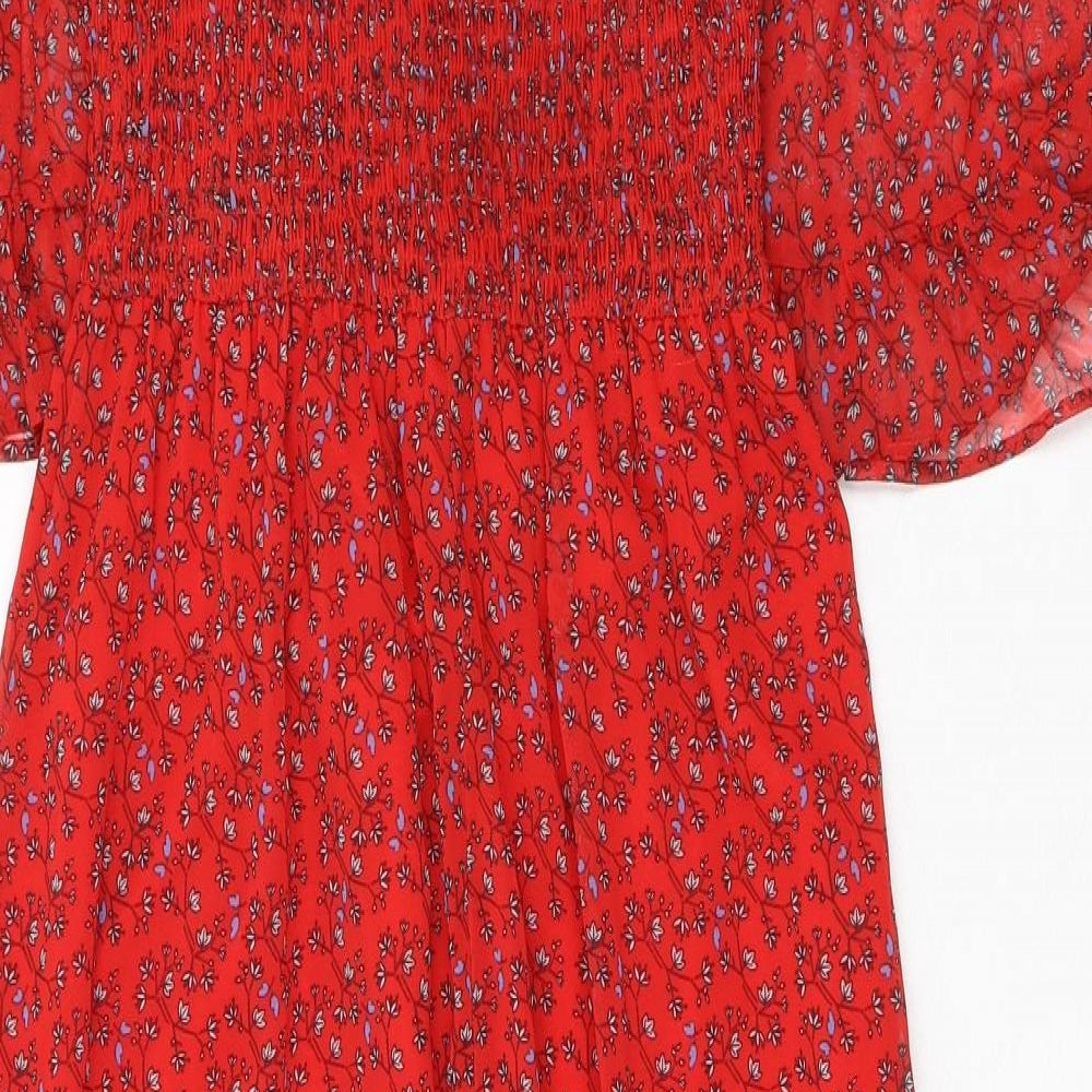 Finery Womens Red Floral Polyester A-Line Size 8 Mock Neck - Smocked