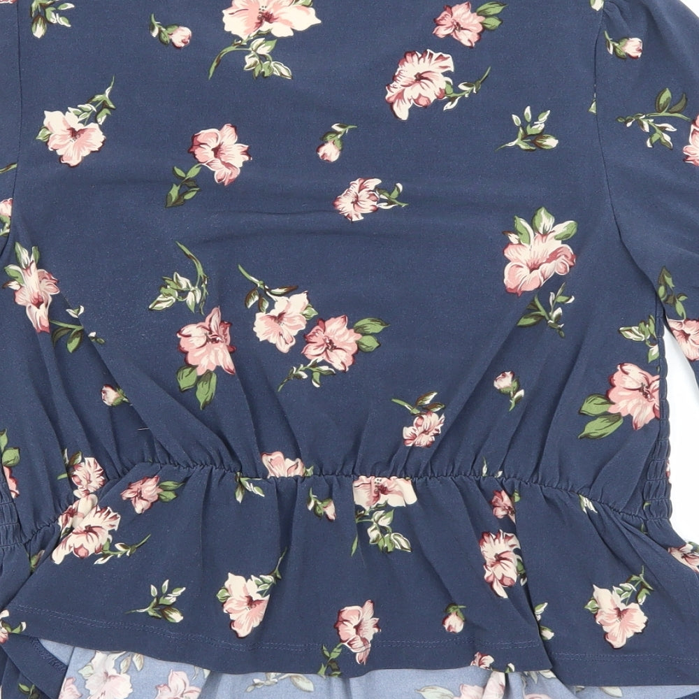 Oasis Womens Blue Floral Polyester Basic T-Shirt Size S Round Neck