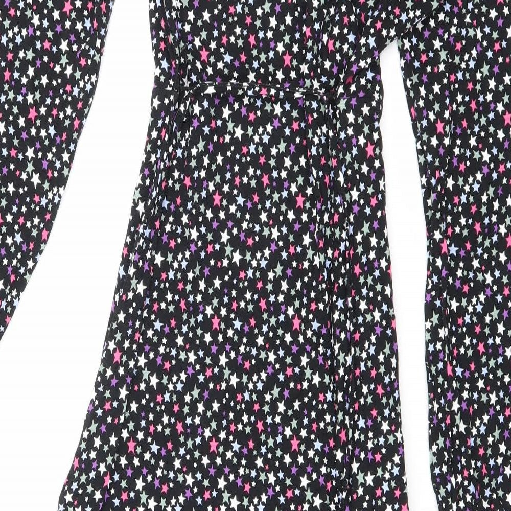 Marks & Spencer Womens Black Geometric Viscose A-Line Size 8 V-Neck Tie