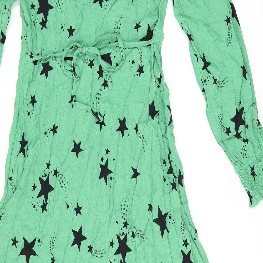Marks & Spencer Womens Green Geometric Viscose A-Line Size 8 V-Neck Zip - Star Print