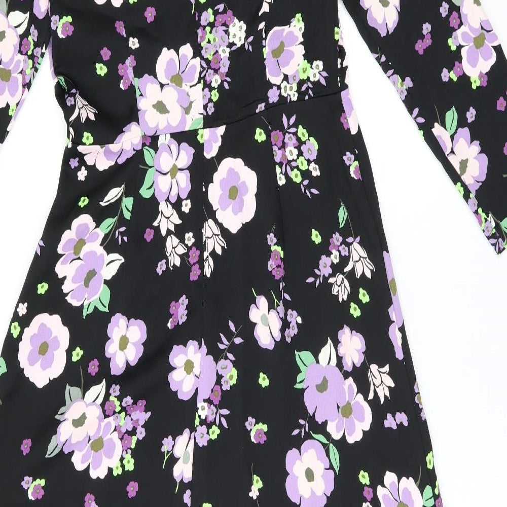 Marks & Spencer Womens Black Floral Polyester A-Line Size 8 Round Neck Zip