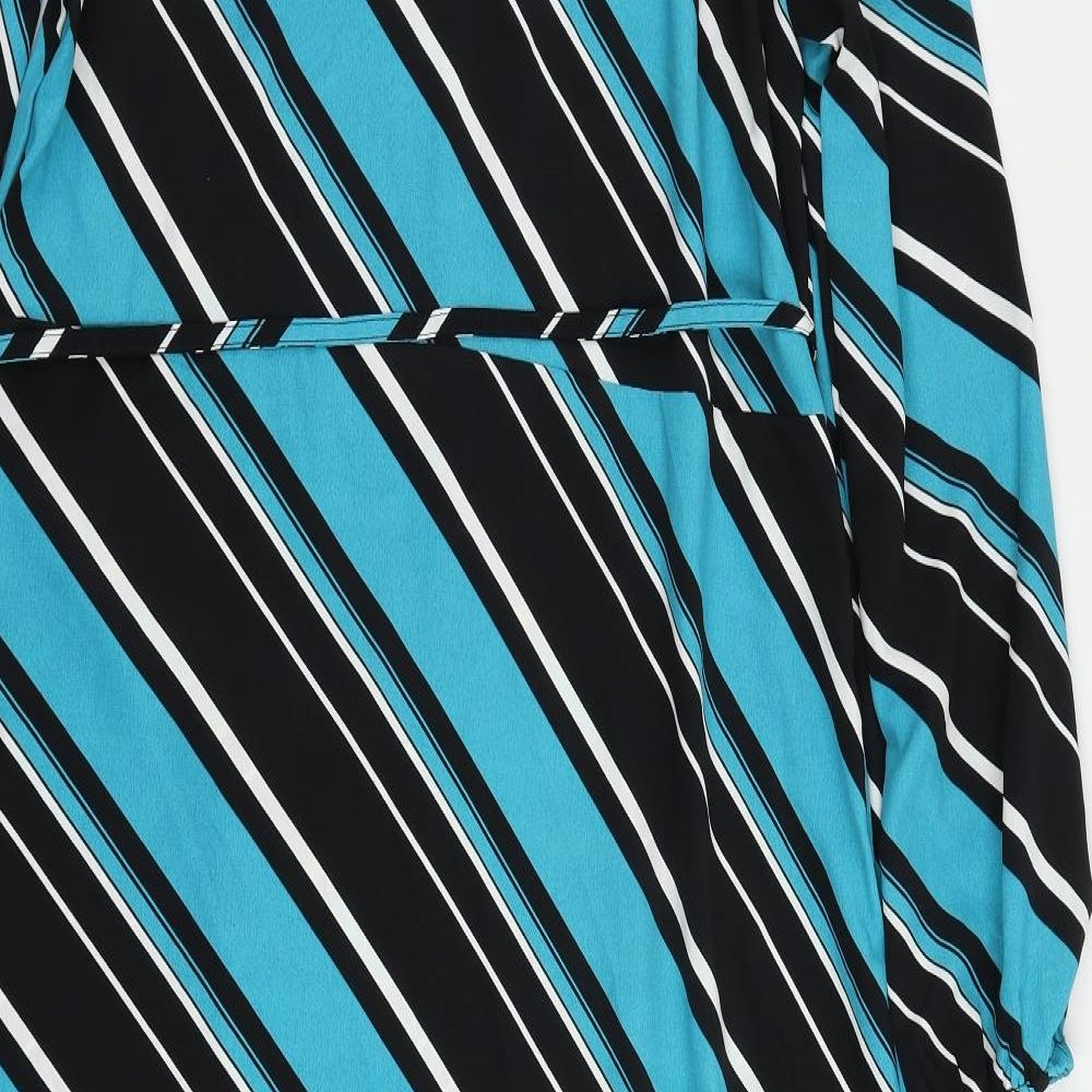 Marks & Spencer Womens Blue Striped Polyester A-Line Size 12 Mock Neck Button