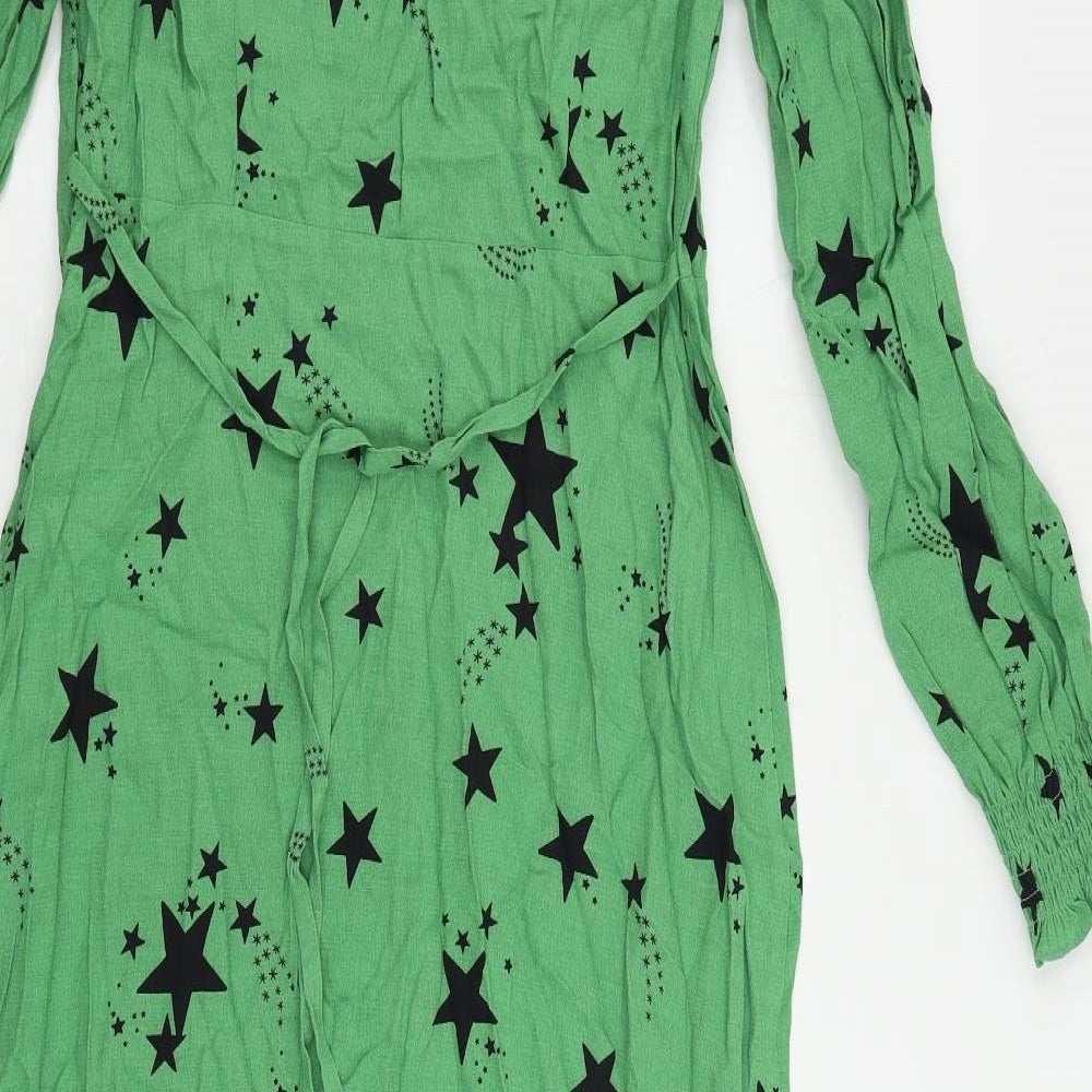 Marks & Spencer Womens Green Geometric Viscose A-Line Size 10 V-Neck Zip - Star Print