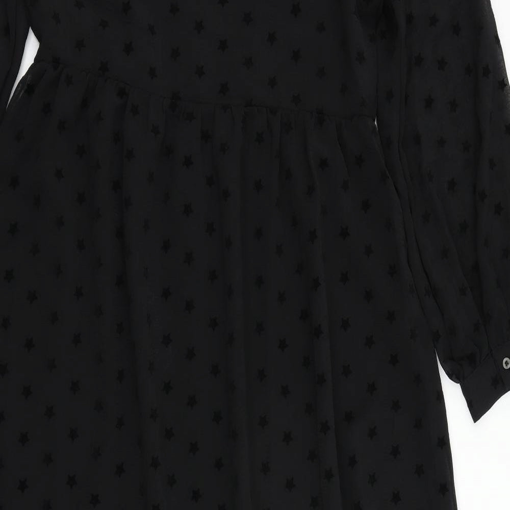 Marks & Spencer Womens Black Geometric Polyester A-Line Size 10 Round Neck Button - Star Pattern