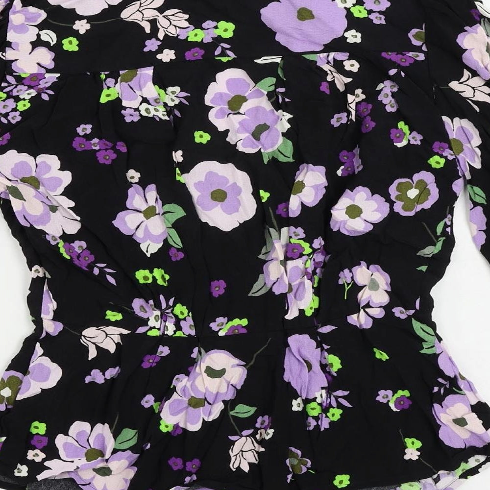 Marks & Spencer Womens Black Floral Viscose Basic Button-Up Size 6 V-Neck