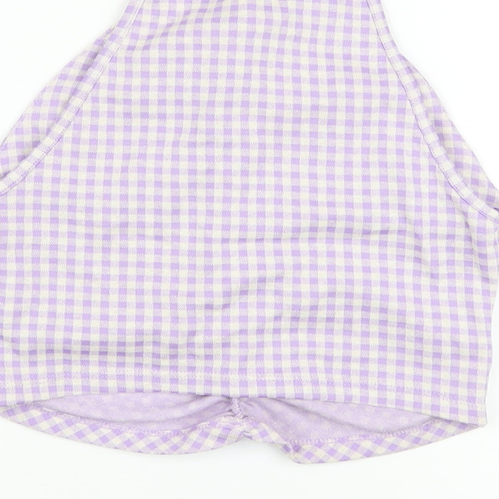 Zara Womens Purple Check Cotton Cropped T-Shirt Size S Square Neck