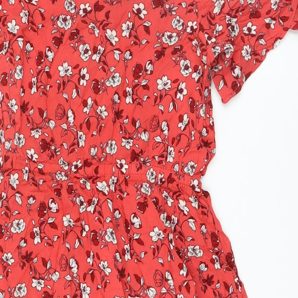 H&M Womens Red Floral Polyester Mini Size S Square Neck Pullover