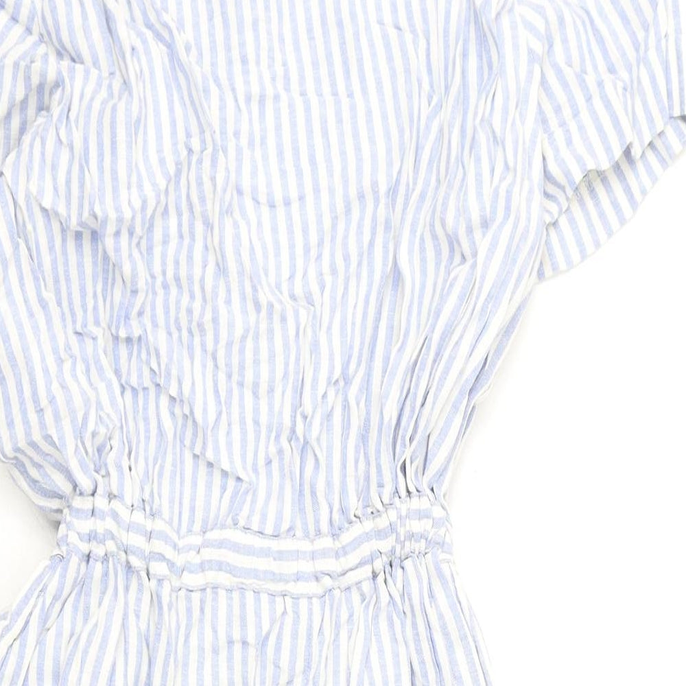 Marks & Spencer Womens Blue Striped Linen Romper One-Piece Size 12 L3 in Button