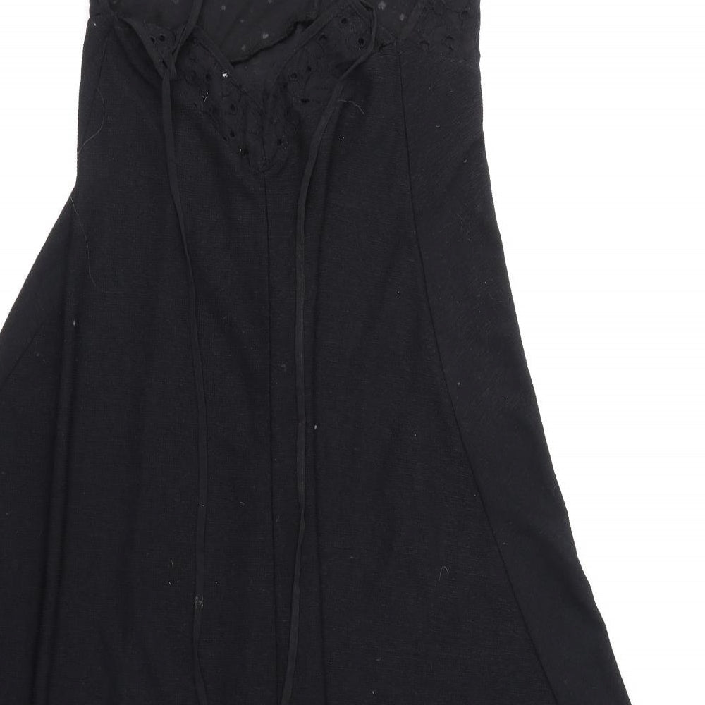 Zara Womens Black Polyester A-Line Size S V-Neck Tie - Floral Embroidery