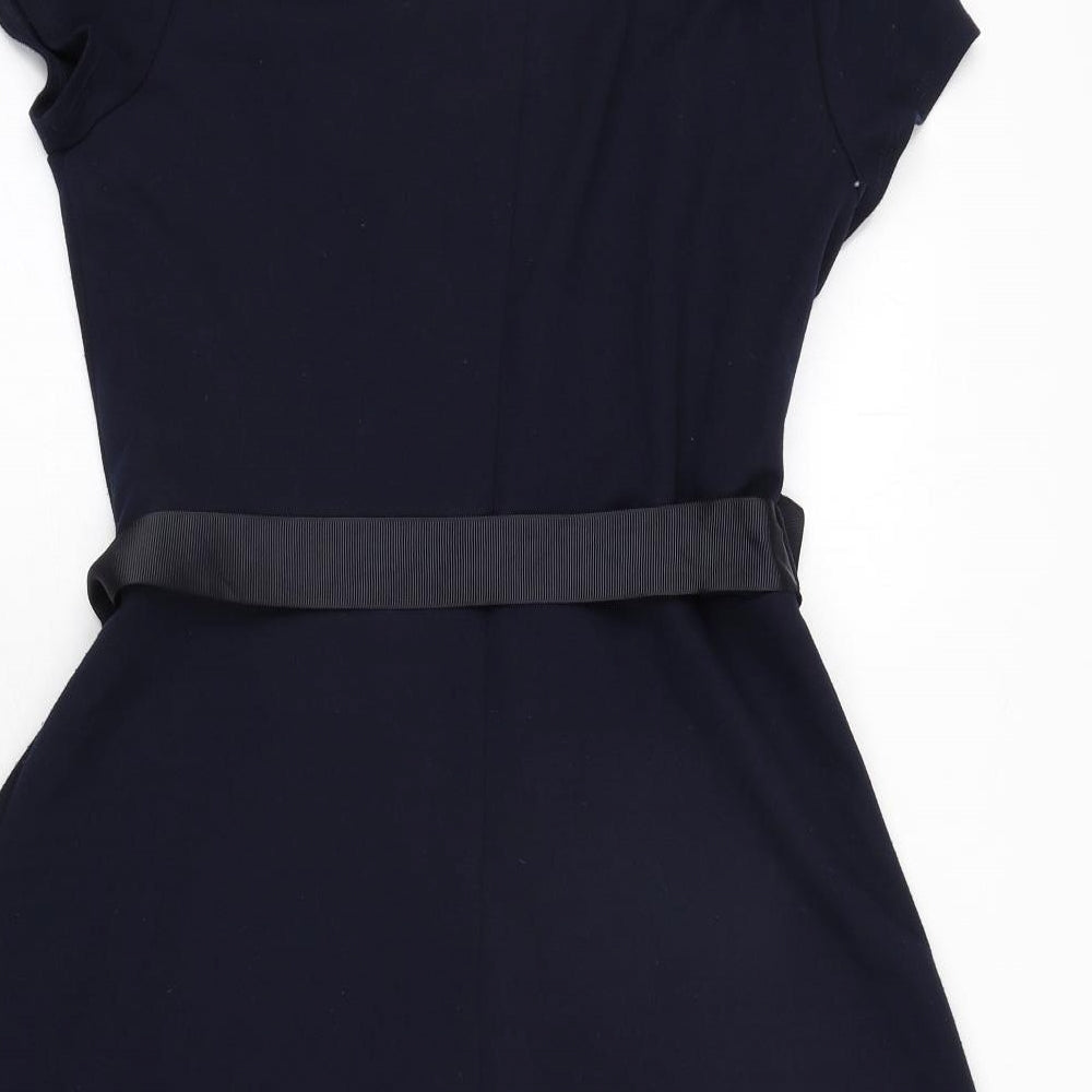 Kaliko Womens Blue Polyester A-Line Size 14 Round Neck Zip - Belted