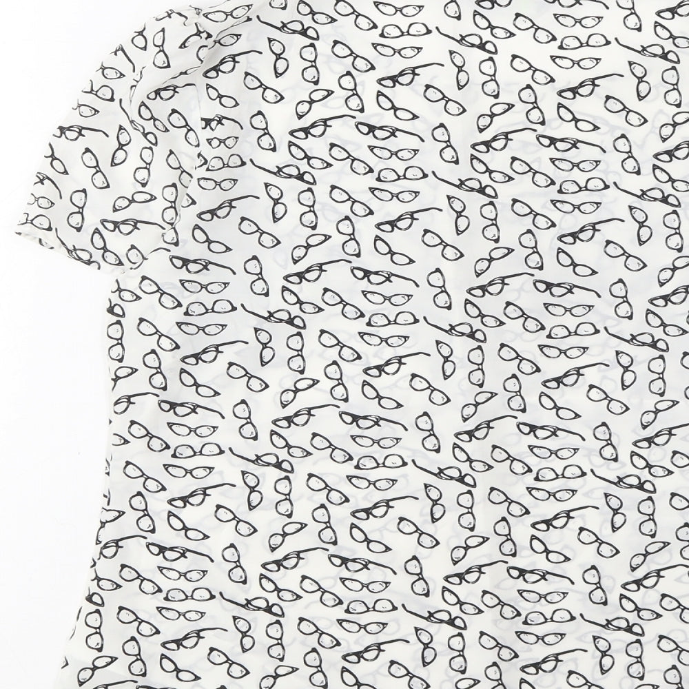 Marks and Spencer Womens White Geometric Polyester Basic T-Shirt Size 8 Boat Neck - Pleated