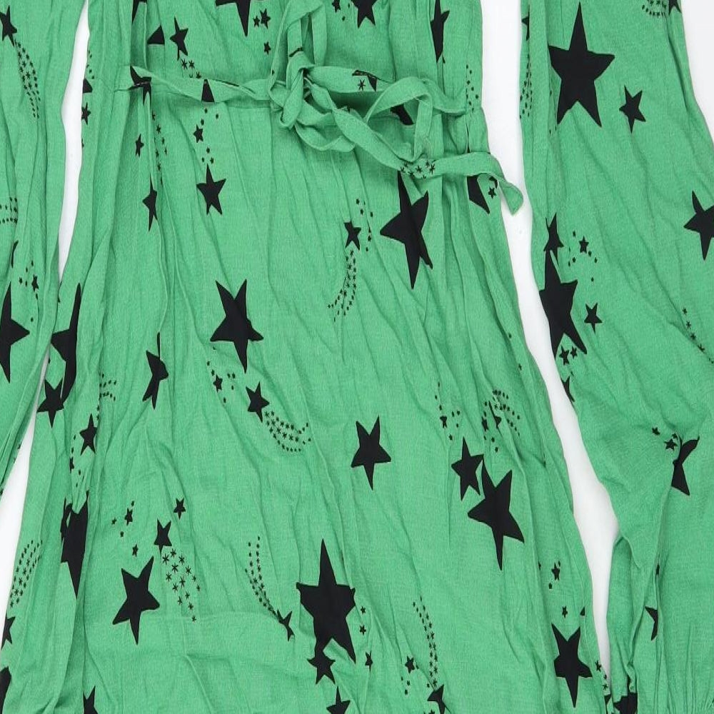 Marks & Spencer Womens Green Geometric Viscose A-Line Size 8 V-Neck Zip - Star print