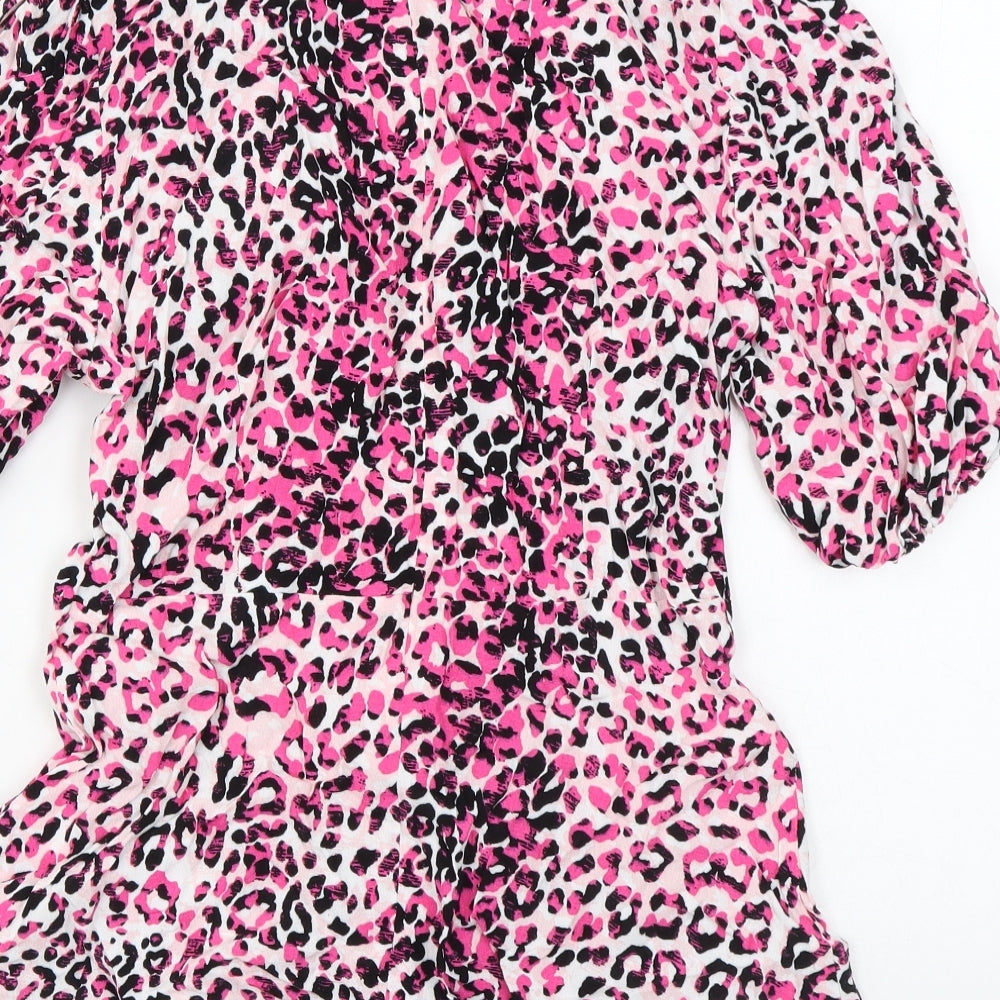 Marks & Spencer Womens Pink Animal Print Viscose Basic T-Shirt Size 8 Round Neck