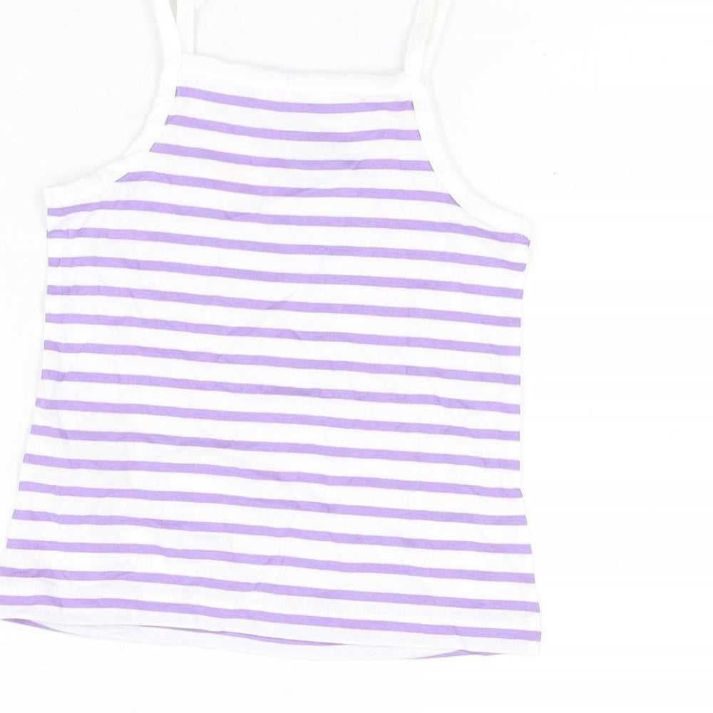 Marks & Spencer Girls White Striped Cotton Basic T-Shirt Size 3-4 Years Square Neck Pullover