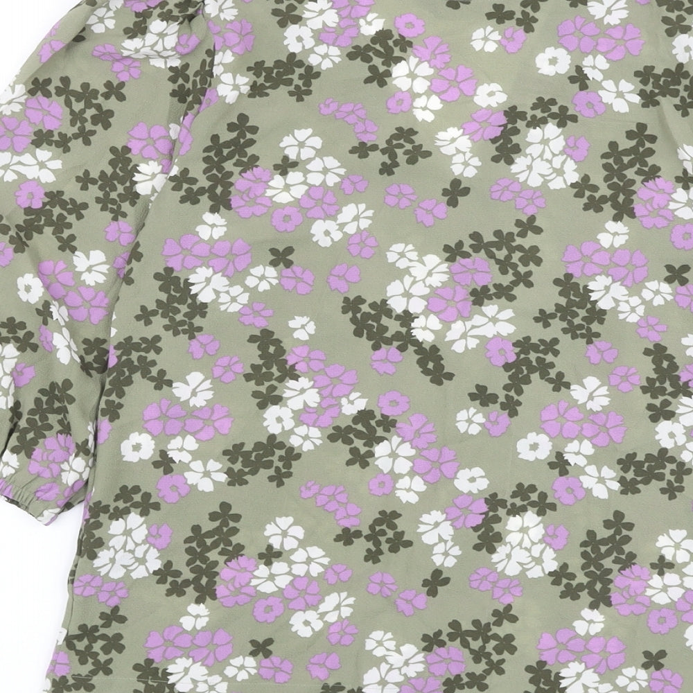 Marks & Spencer Womens Green Floral Polyester Basic Blouse Size 8 V-Neck