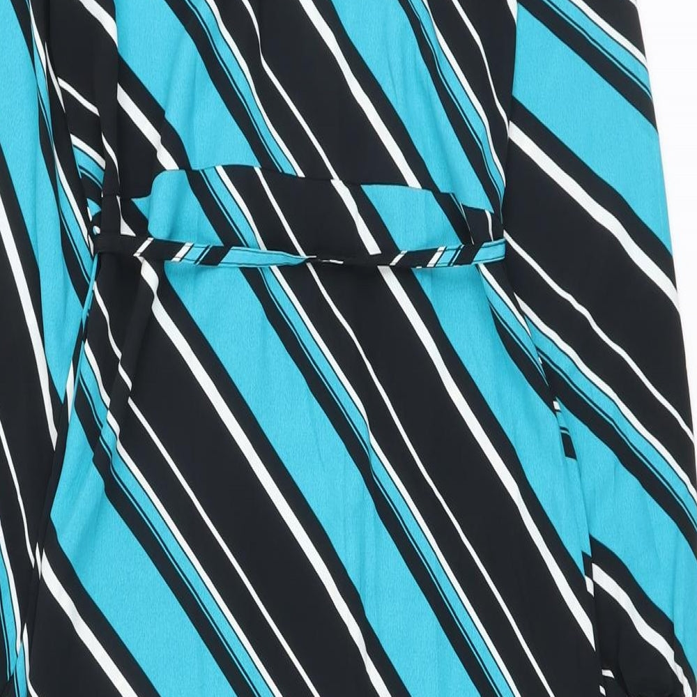 Marks & Spencer Womens Blue Striped Polyester A-Line Size 8 Mock Neck Button