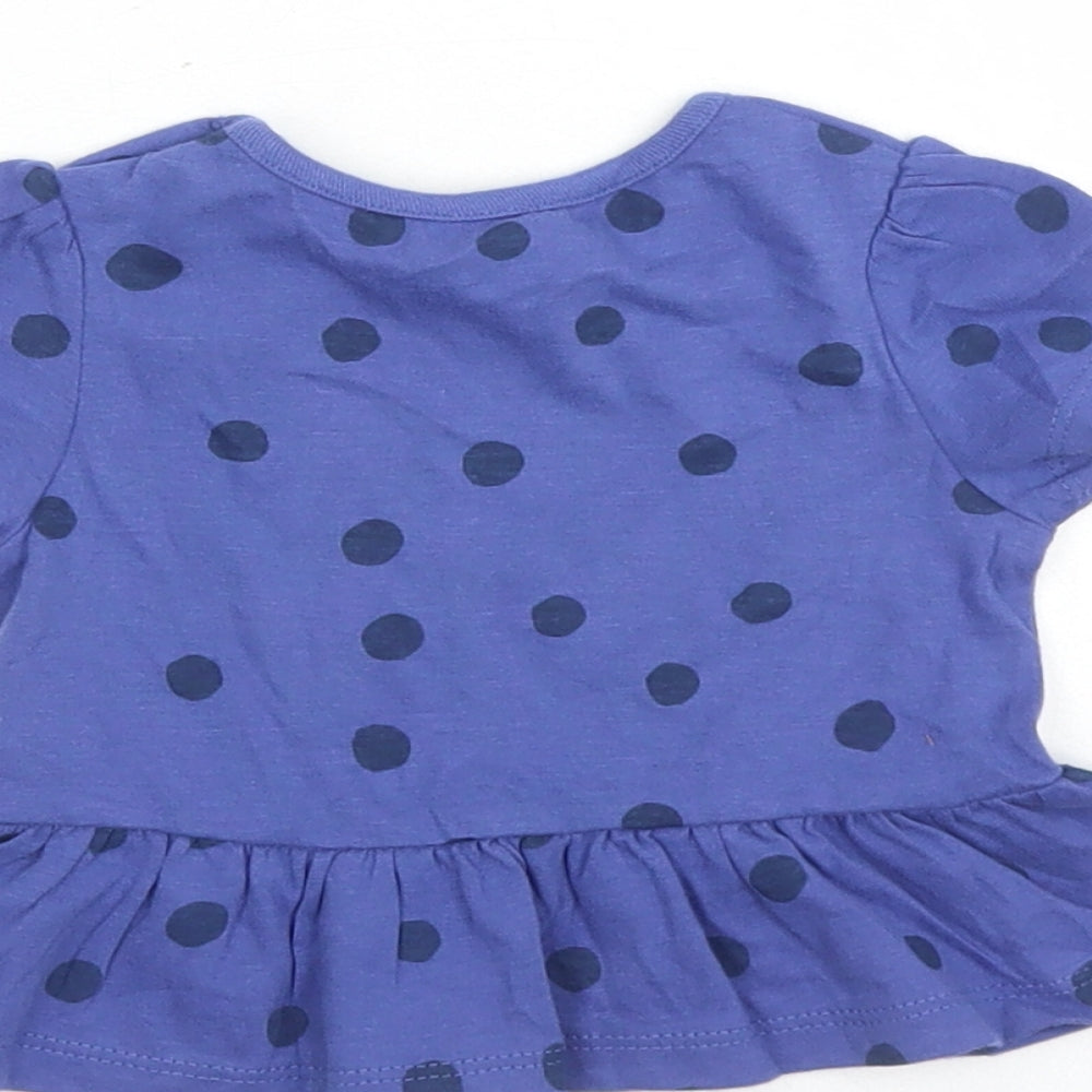 Marks & Spencer Girls Blue Polka Dot 100% Cotton Basic T-Shirt Size 0-3 Months Round Neck Snap