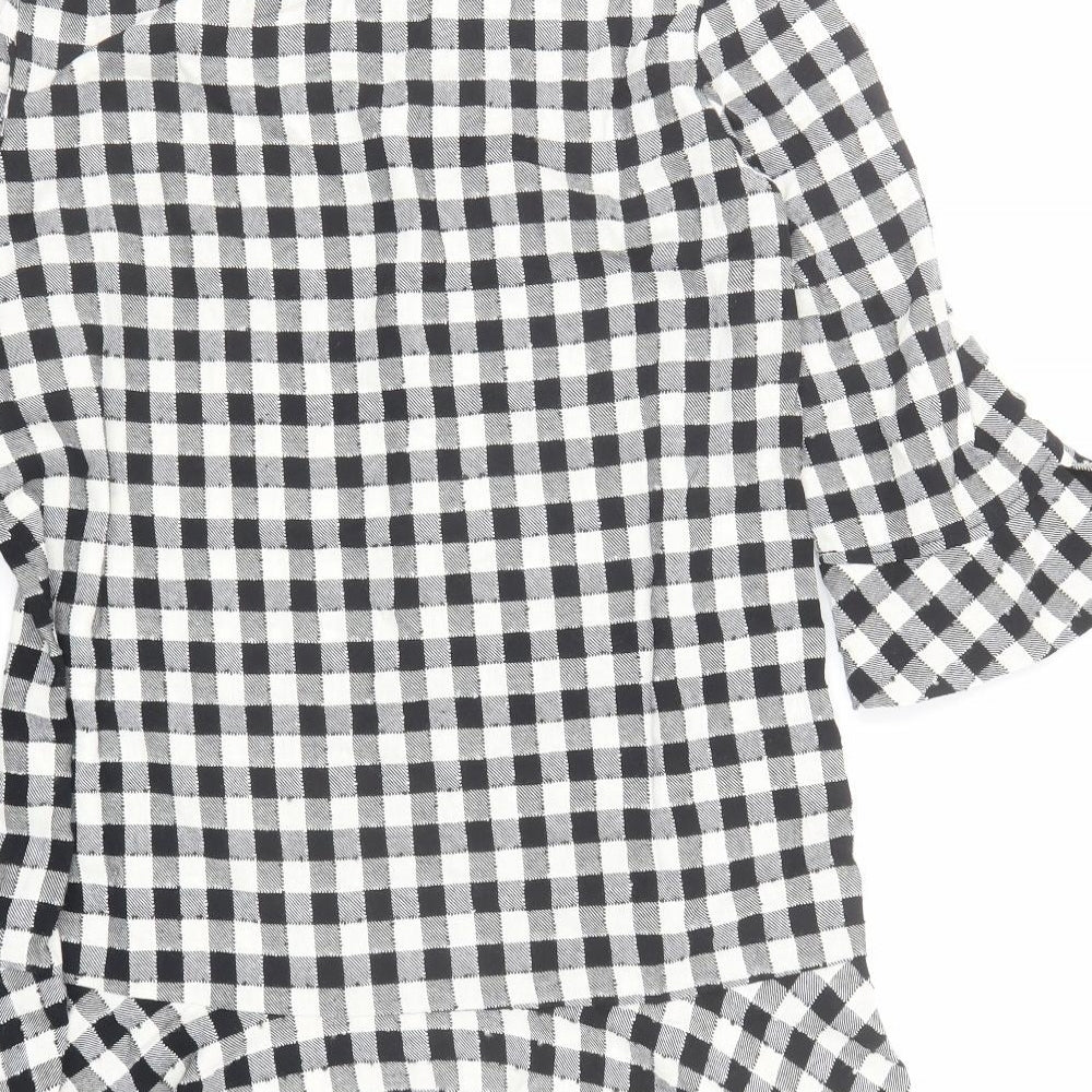 Zara Womens Black Check Polyester A-Line Size M Round Neck Button