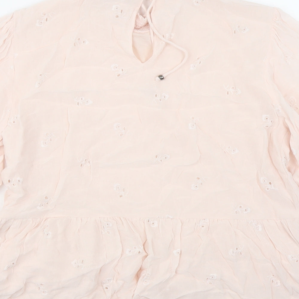 VILA Womens Pink Floral Polyester Basic Blouse Size M Mock Neck - Embroidered Detail