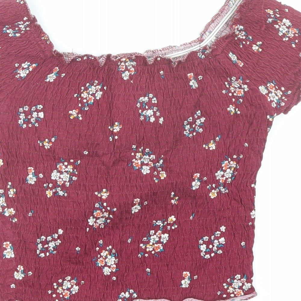 New Look Womens Red Floral 100% Cotton Cropped T-Shirt Size 6 Round Neck