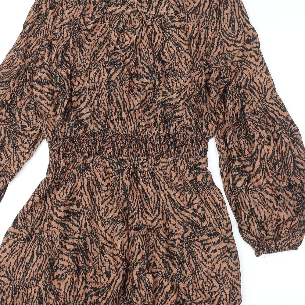 Marks & Spencer Womens Brown Geometric Viscose A-Line Size 10 Round Neck Button